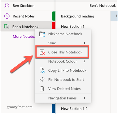 Opcja zamknięcia notesu programu OneNote