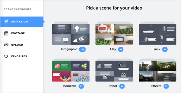 Możesz dodać różnorodne animacje i materiały wideo do swojego filmu Biteable.