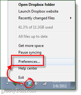 ikona paska zadań preferencji Dropbox