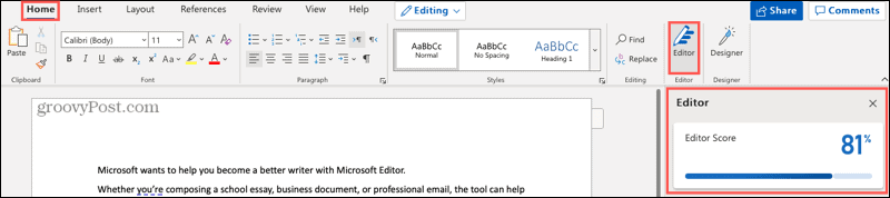 Przycisk Microsoft Editor i pasek boczny w programie Word online