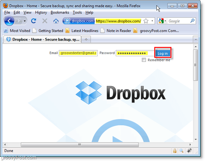 Zrzut ekranu Dropbox - zaloguj się do Dropbox