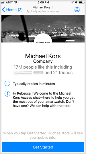 Aby zdecydować się na bota Messengera, takiego jak ten od Michaela Korsa, użytkownicy klikają przycisk Rozpocznij.