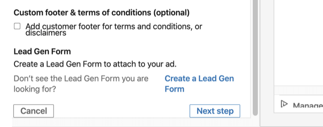 Opcja Lead Gen Form w sekcji Basic Info konfiguracji reklam konwersacyjnych LinkedIn
