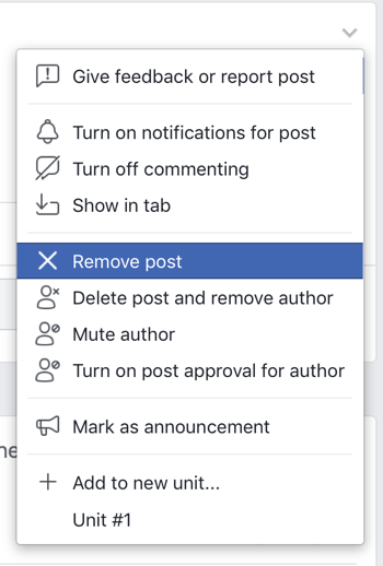 Jak ulepszyć społeczność grupy na Facebooku, opcja menu Facebooka, aby usunąć post z grupy