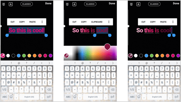 Utwórz gradientowe kolory tekstu, podświetlając tekst i przeciągając przez spektrum kolorów.
