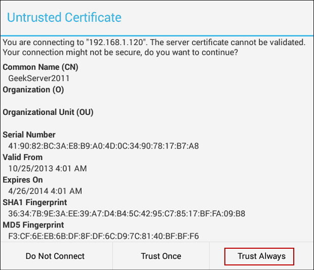 niezaufany certyfikat