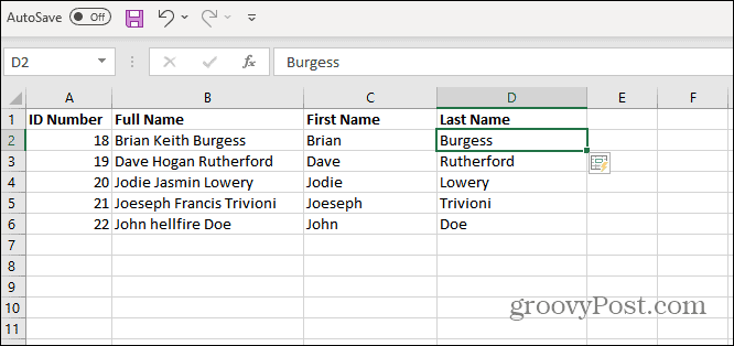 Nazwiska wymienione w programie Excel
