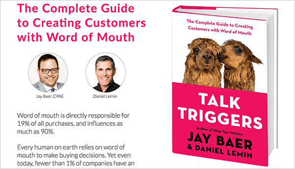 To jest zrzut ekranu witryny Talk Triggers. Po lewej stronie znajduje się tekst o książce oraz zdjęcia Jaya Baera i Daniela Lemina. Po prawej stronie jest okładka książki wyzwalaczy rozmów.