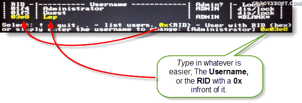 Wybierz!, porzucić. - wyświetl listę użytkowników, 0x <RID> - użytkownik z RID (hex) lub po prostu wprowadź nazwę użytkownika, aby zmienić: [Administrator]