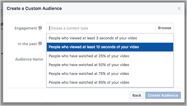 Niestandardowi odbiorcy na Facebooku na podstawie 10-sekundowych wyświetleń wideo.