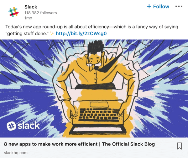 Przykładowy post na stronie firmy Slack LinkedIn.