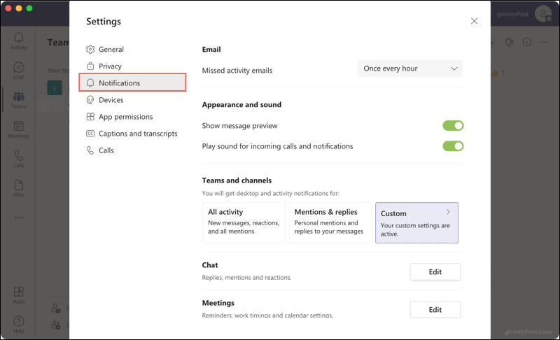 Ustawienia, powiadomienia na pulpicie Microsoft Teams