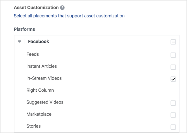 Jeśli chcesz wyświetlać reklamy wideo tylko na Facebooku, wybierz opcję Wideo typu In-Stream w sekcji Facebook.