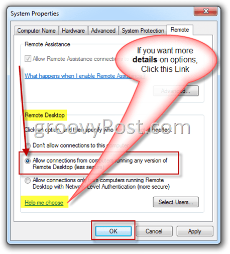Windows 7 - Ustawienia zdalne Włącz przycisk radiowy RDP
