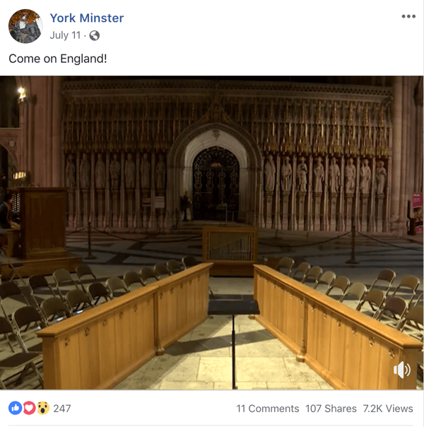 Przykład postu na Facebooku z aktualnym tematem z York Minster.