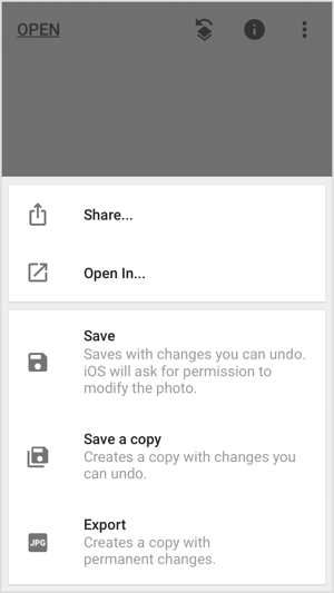 Udostępnij, zapisz lub wyeksportuj swój obraz w aplikacjach mobilnych, takich jak Snapseed.