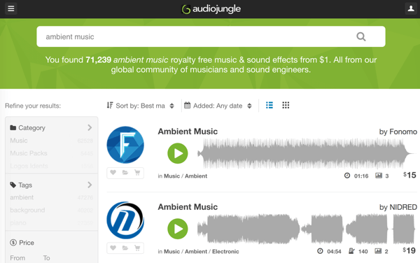 Przeszukuj obszerną bibliotekę utworów muzycznych i audio bez tantiem od AudioJungle już od 1 USD.