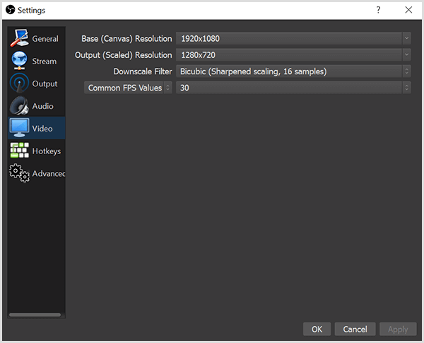 W oknie dialogowym OBS Studio Settings znajdują się opcje na karcie Video umożliwiające ustawienie podstawowej rozdzielczości i naszej rozdzielczości wyjściowej. Pudełko ma również opcje filtra w dół i FPS lub klatek na sekundę.