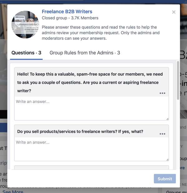 Jak ulepszyć społeczność grupy na Facebooku, przykład pytań dotyczących nowych członków grupy na Facebooku przez Freelance B2B Writerów