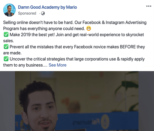 Jak pisać i układać dłuższe posty tekstowe sponsorowane na Facebooku, problem typu 1 i rozwiązanie, przykład autorstwa Damn Good Academy autorstwa Mario