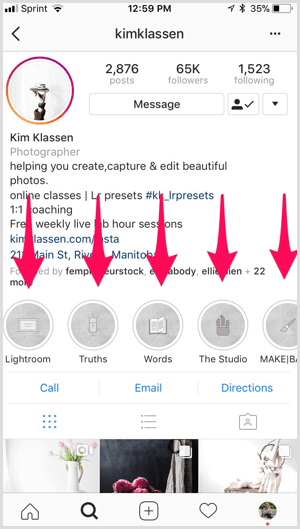Markowe wyróżnienia na Instagramie na profilu Kim Klassen.
