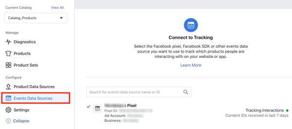 Użyj narzędzia konfiguracji wydarzeń na Facebooku, krok 24, opcja menu, aby podłączyć piksel Facebooka do swojego katalogu