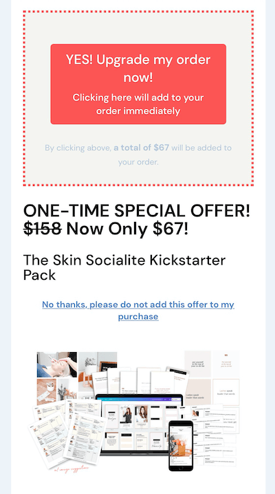 przykład oferty up-sellowej na instagramie w wysokości 67 USD za pakiet kickstarter