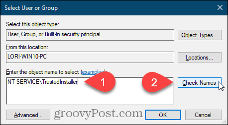Wprowadź nazwę użytkownika i kliknij Sprawdź nazwy dla klucza rejestru Windows