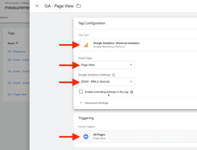 przykładowa konfiguracja tagu Menedżera tagów Google o nazwie ga - widok strony z typem tagu ustawionym na Google Analytics: uniwersalny analityka, typ śledzenia jako widok strony, ustawienia Google Analytics jako {{gas - mm.io demo}}, z wyzwalaczami uruchamiania ustawionymi na wszystkie stron