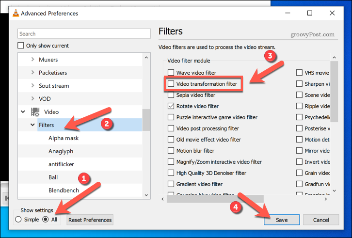 Włączanie filtrów transformacji wideo w VLC w systemie Windows