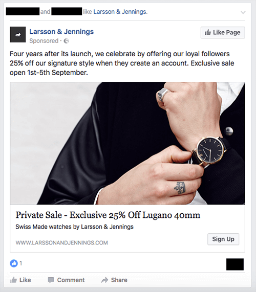Reklama ekskluzywnej wyprzedaży zegarków marki Larsson & Jennings.