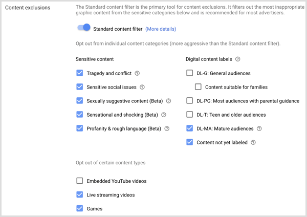 Ustawienia wykluczeń treści dla kampanii Google AdWords.
