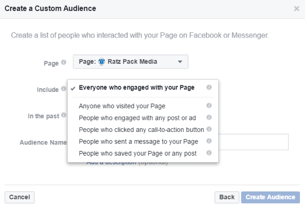 Twórz niestandardowych odbiorców na podstawie osób, które weszły w interakcję z Twoją stroną na Facebooku.