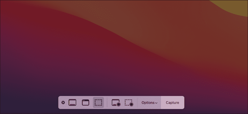 Pasek opcji zrzutu ekranu komputera Mac
