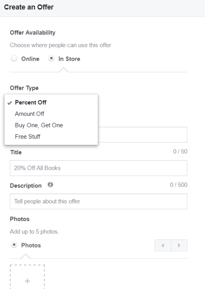 Ustawienia dostępne podczas tworzenia oferty na Facebooku.