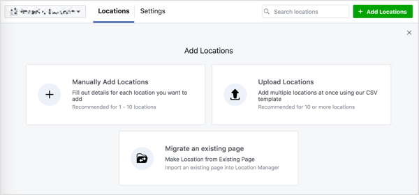 Zobaczysz trzy opcje dodawania lokalizacji do swojej strony na Facebooku.