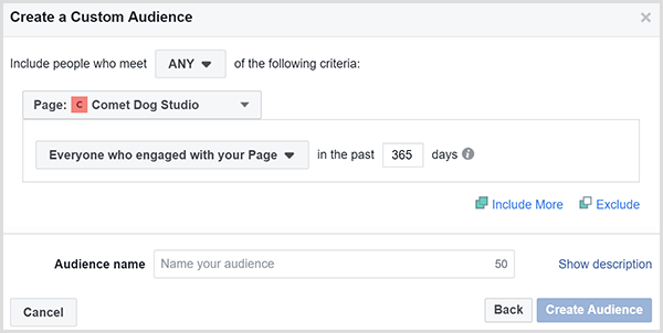 Okno dialogowe Facebook Create a Custom Audience umożliwia kierowanie reklam do osób, które korzystały z Twojej witryny w określonych ramach czasowych.
