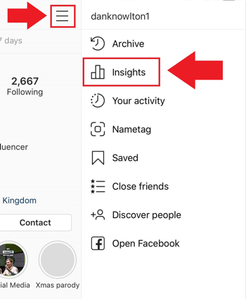 Strategia marketingowa w mediach społecznościowych; Zrzut ekranu pokazujący, gdzie można uzyskać dostęp do statystyk Instagrama w aplikacji Instagram.