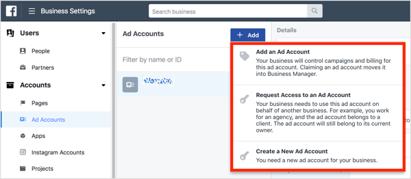 Masz trzy opcje dostępu do konta reklamowego w Business Managerze.
