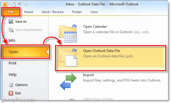 otwórz folder zawierający plik archiwum pst z programu Outlook 2010