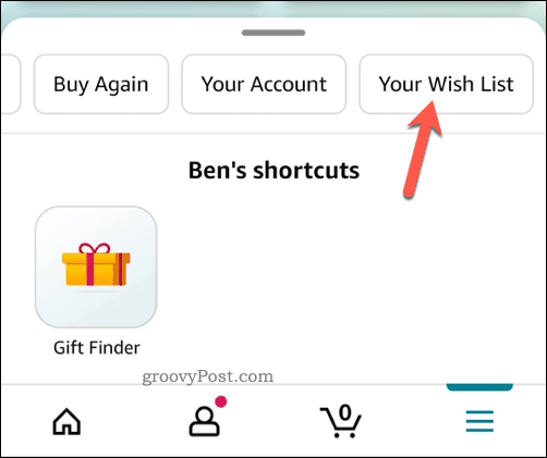 Otwieranie menu listy życzeń w aplikacji Amazon