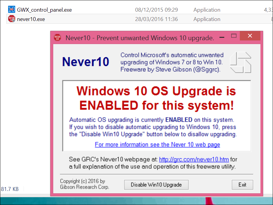 Zatrzymaj aktualizację do systemu Windows 10 za pomocą Never 10 lub samej aplikacji GWX