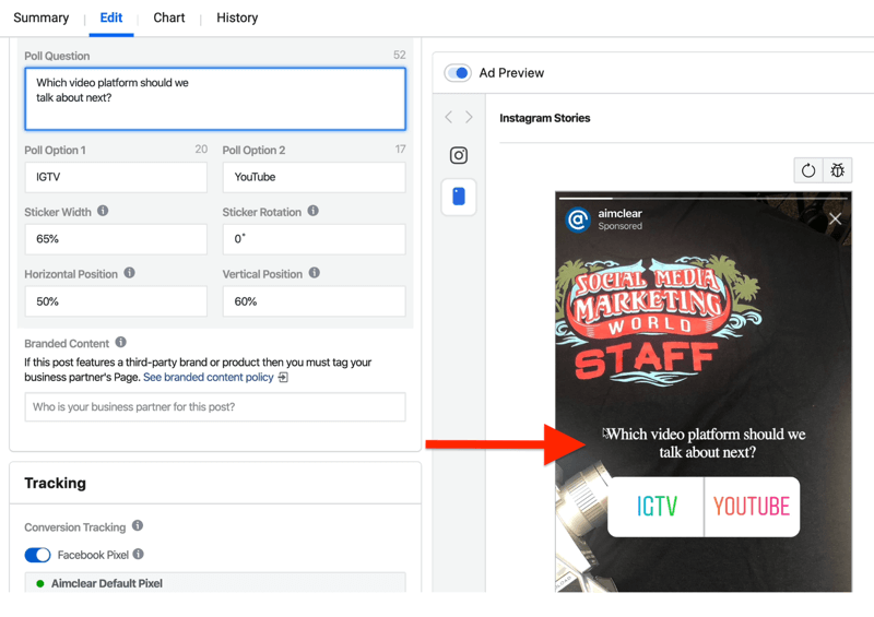 pola, aby skonfigurować ankietę reklam Instagram Stories w Ads Manager