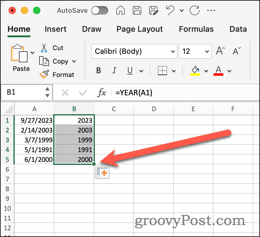 Uchwyt autouzupełniania w programie Excel
