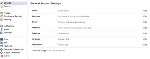 menu ustawień konta na Facebooku