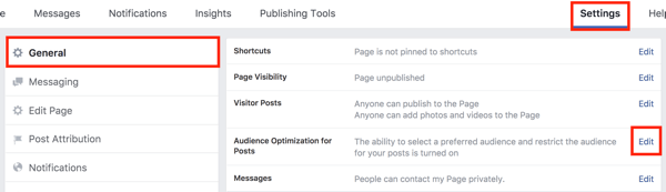 W ustawieniach strony na Facebooku kliknij przycisk Edytuj po prawej stronie opcji Optymalizacja odbiorców dla postów.
