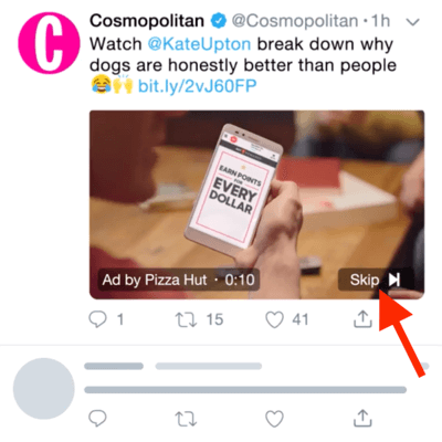 Przykład reklamy wideo na Twitterze z opcją pominięcia reklamy po 6 sekundach.