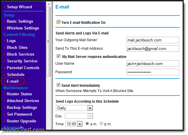 powiadomienia e-mail o blokowanych witrynach w sieci