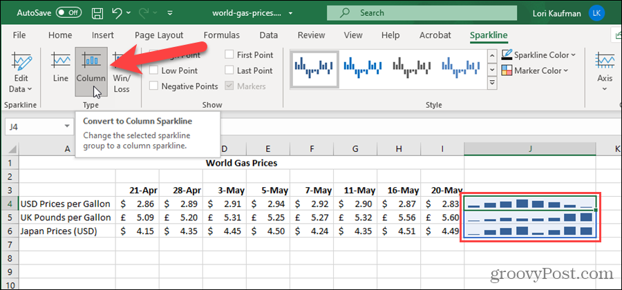 Zmień typ wykresu przebiegu w czasie w programie Excel