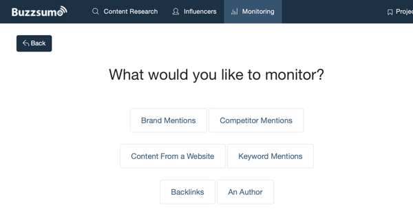 Opcje tego, co możesz monitorować przez BuzzSumo.